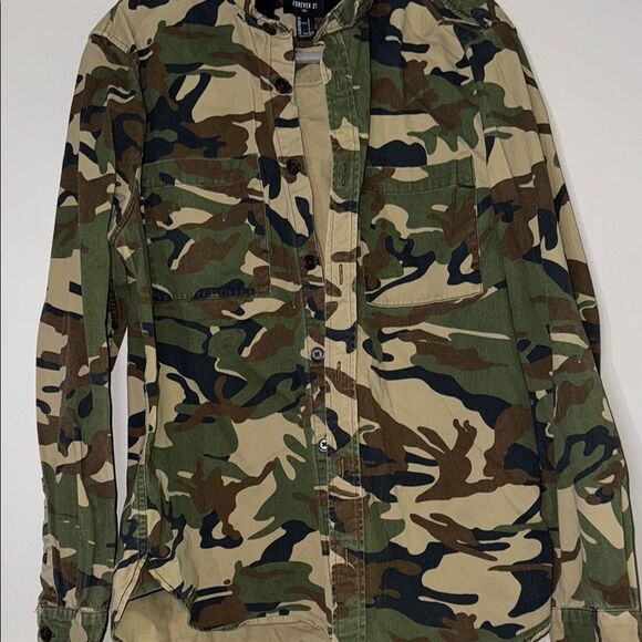 Forever 21 Brown and Green Camouflage Button Up Hooded Jacket - Picture 8 of 14